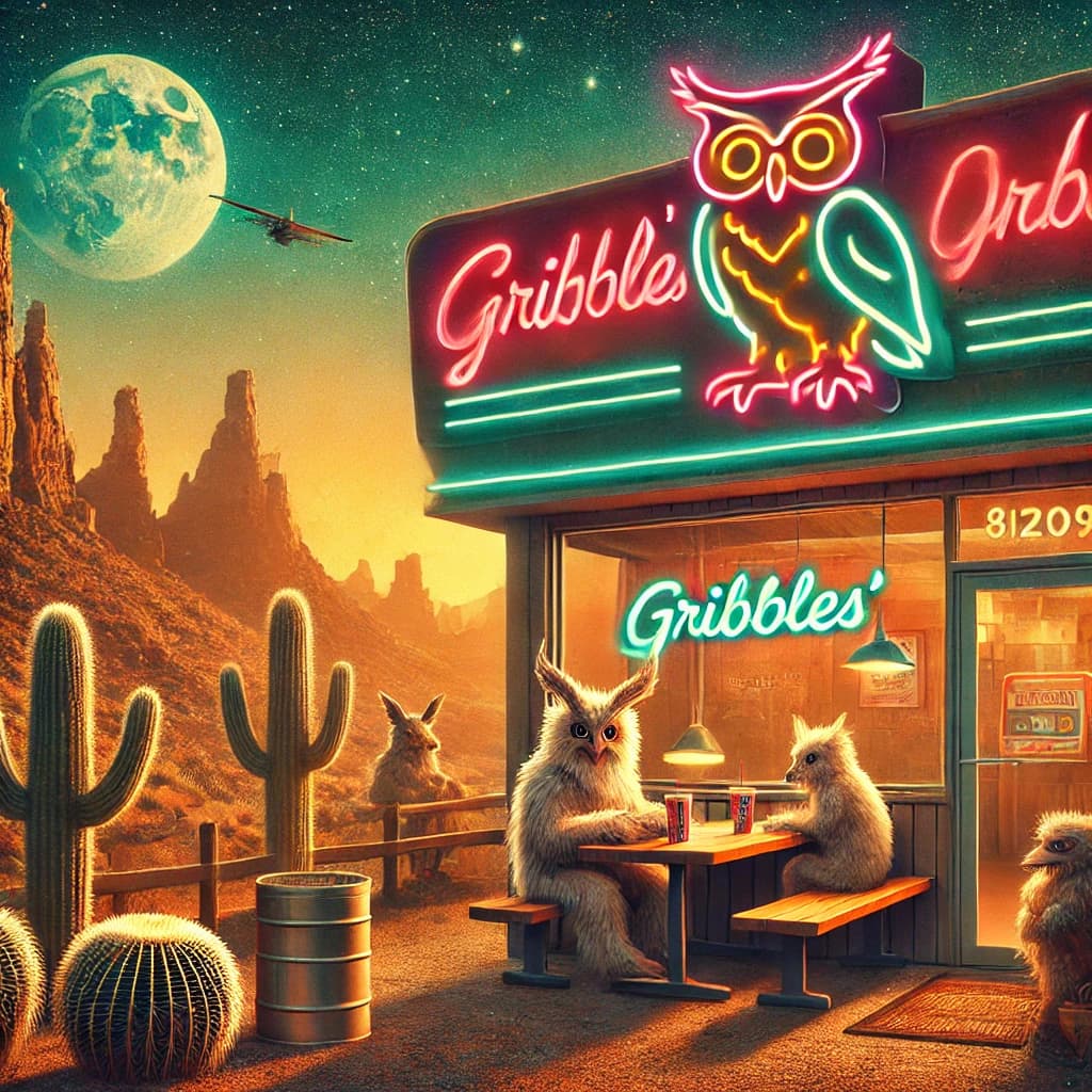 Gribble's at night in the desert, regulars at a picnic bench with red cups
