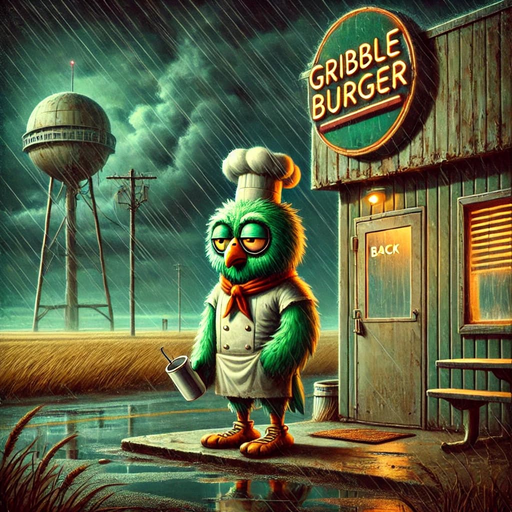 A green owl chef in whites standing out the back of Gribble Burger in the rain