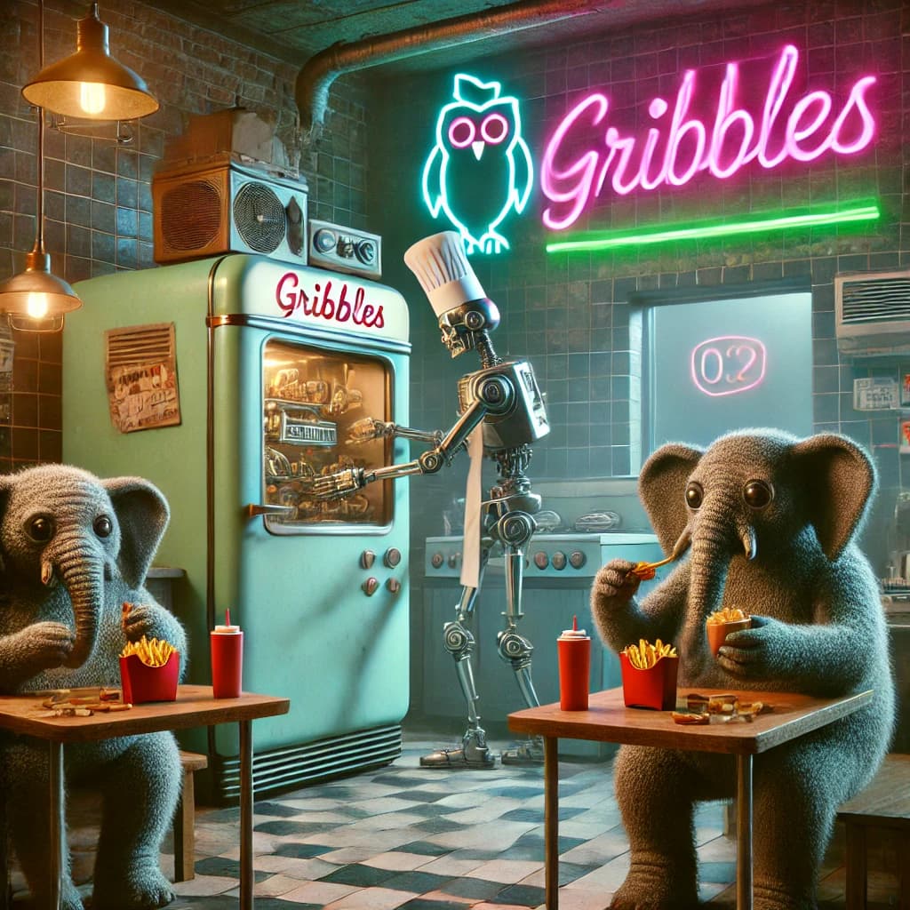 Mint-tiled kitchen with a robot chef in a chef's hat and two fuzzy elephants eating fries