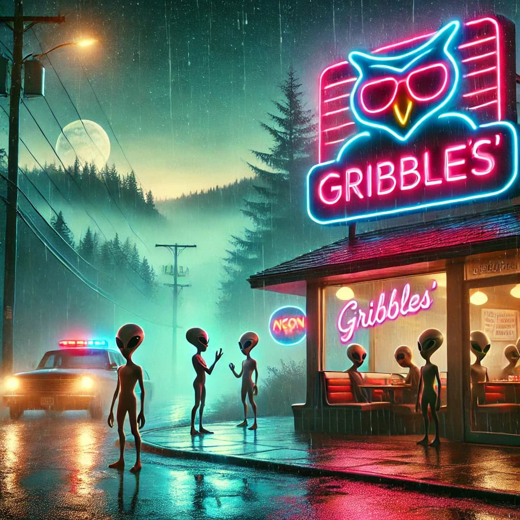 Rainy street at night, neon Gribble's sign, grey aliens queueing outside the diner